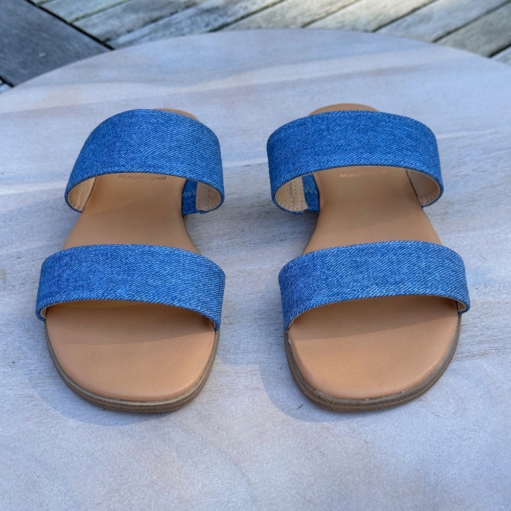 Lauren Conrad LC Womens Slide Sandals Size 8 Blue Denim Double Strap Flat Slides - Picture 13 of 13